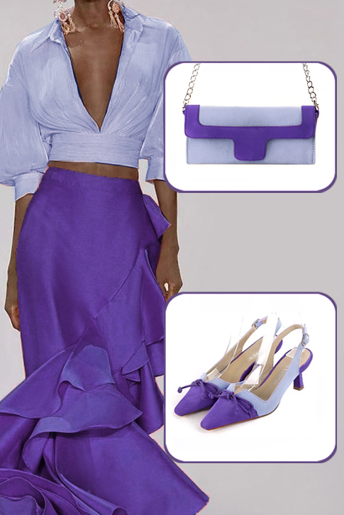 Women's violet purple and lavender purple elegant slingback heels, with a bow on the front. Tapered toe. Medium spool heels - Top view
